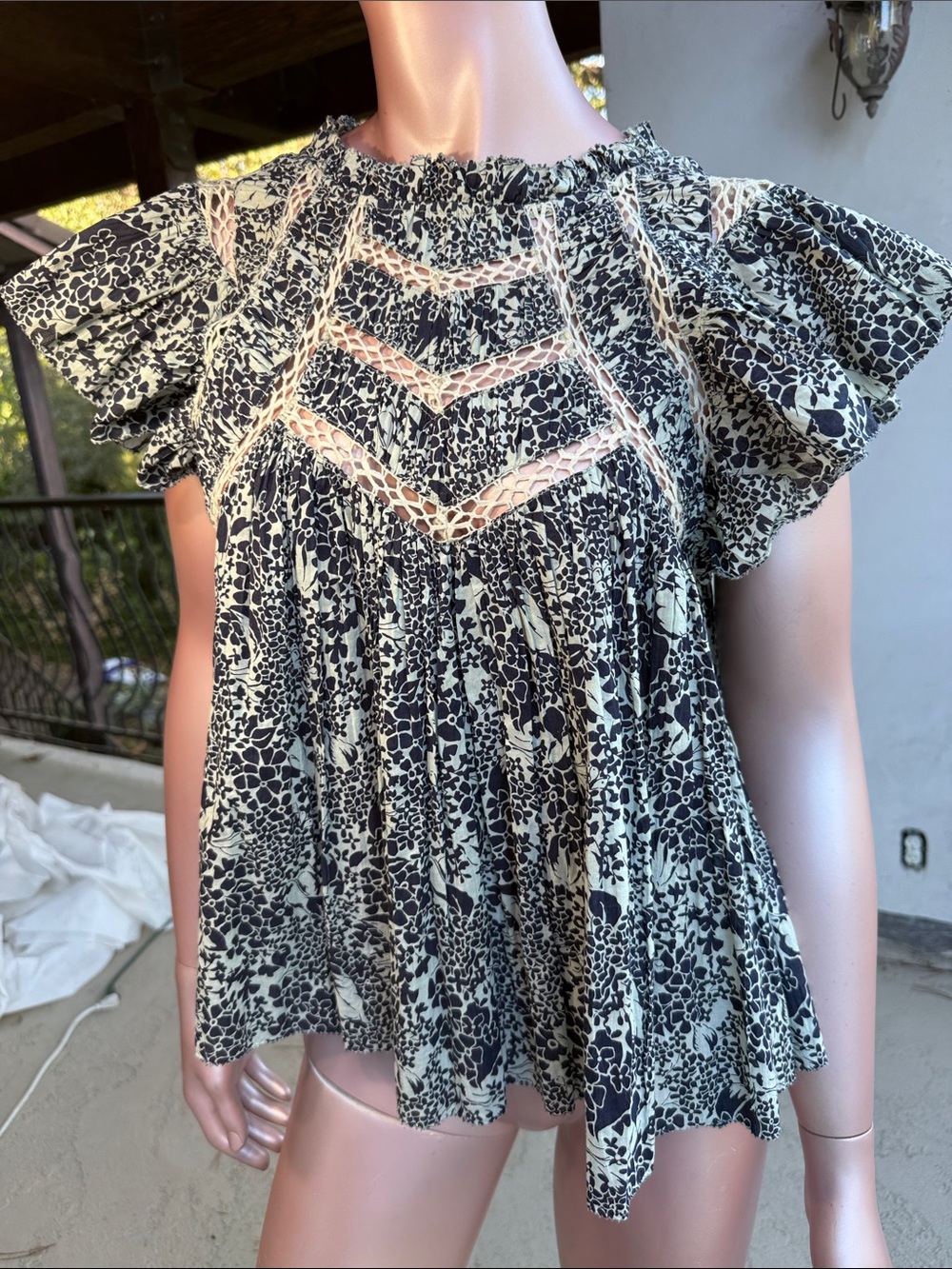 Sea New York top Priya Flutter Sleeve Floral navy blue pale green crochet lace S - Picture 8 of 17